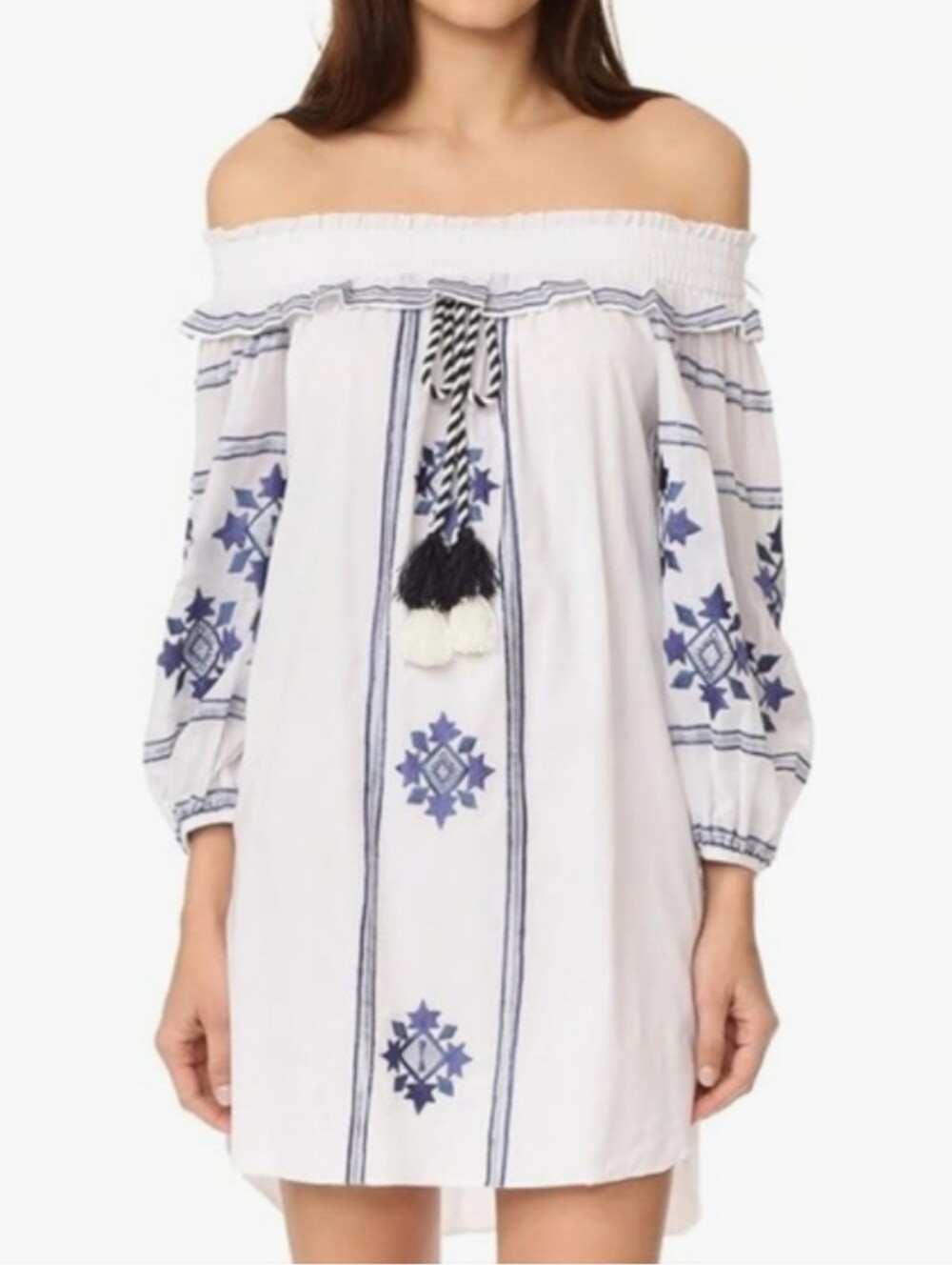 Misa Los Angeles White Off-Shoulder Embroidered Mini Dress with Navy Accents